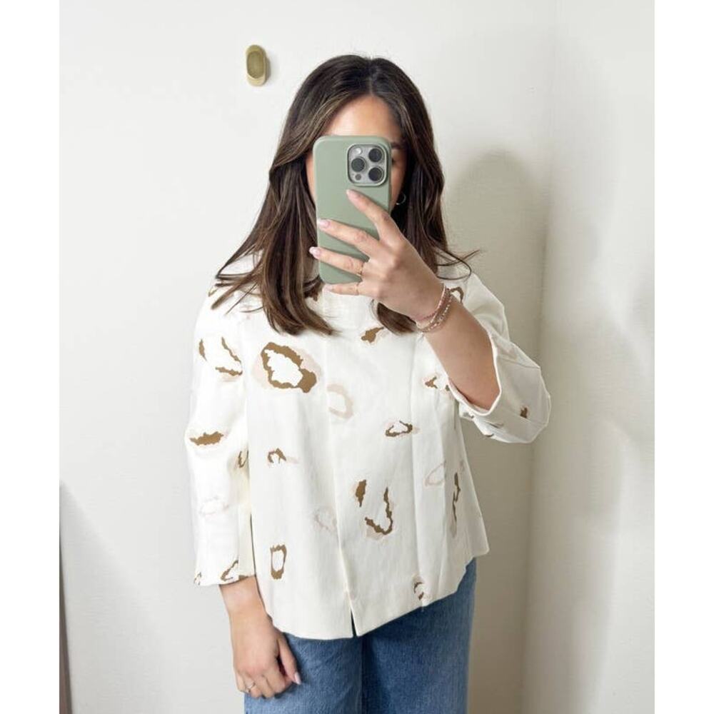 Massimo Dutti White Abstract Cat Animal Print Blazer Jacket 100% Cotton US 4 - Picture 12 of 13